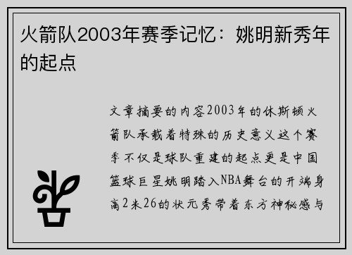 火箭队2003年赛季记忆：姚明新秀年的起点